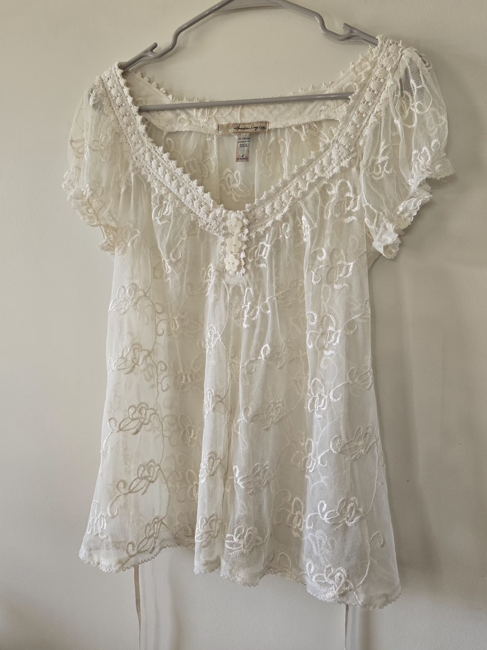American Rag Cie Cream Lace Boho Blouse Top Sheer Whimsical Cottagecore